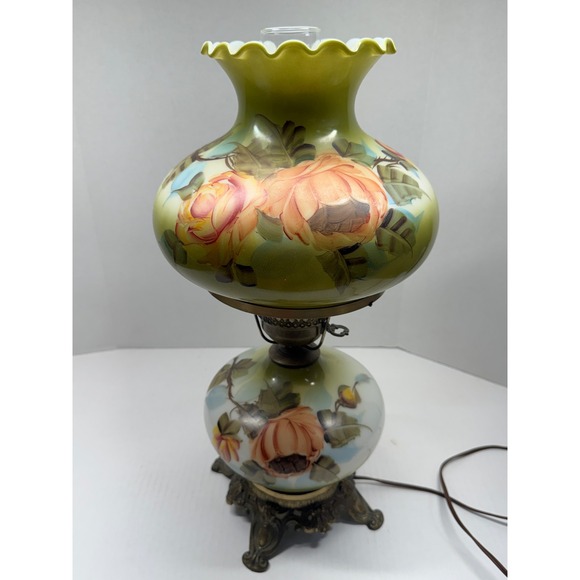 Other - Vintage Gone with the Wind Hurricane Lamp Hand Painted Floral Green Orange Rose